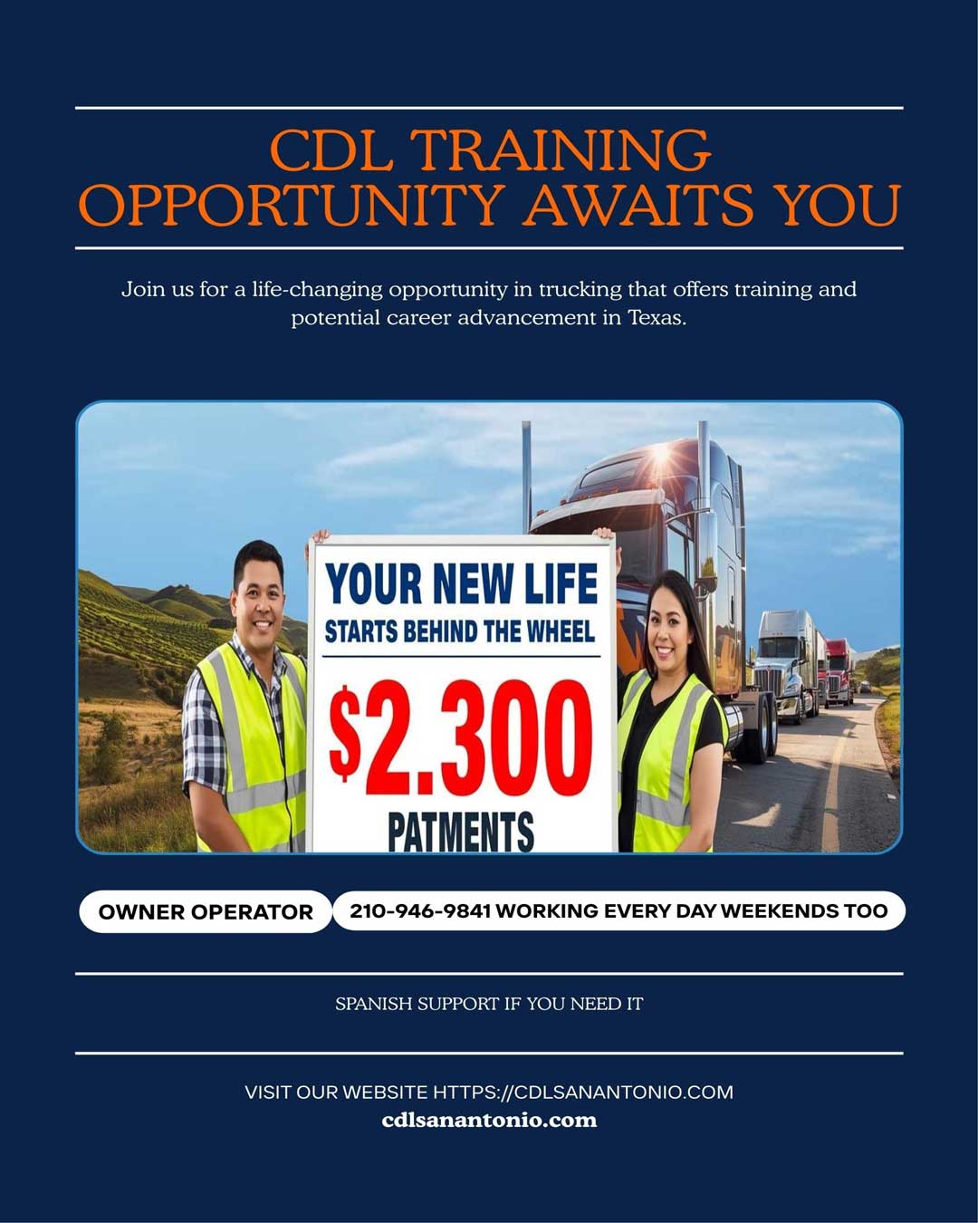 CDL Training Near Schertz TX | $2,300 CDL Program | Owner Operator Training CDL training near Schertz TX banner showing $2,300 CDL program with owner-operator instructor, Spanish support, and Texas trucking career opportunity