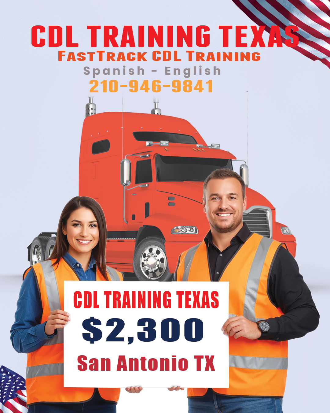 CDL Training San Angelo TX – $2,500 Pay in Payments | Weekend Classes CDL Training San Angelo TX for $2,500 pay in payments with weekend classes and flexible schedule. Contact San Antonio office at 210-946-9841 for CDL school information.