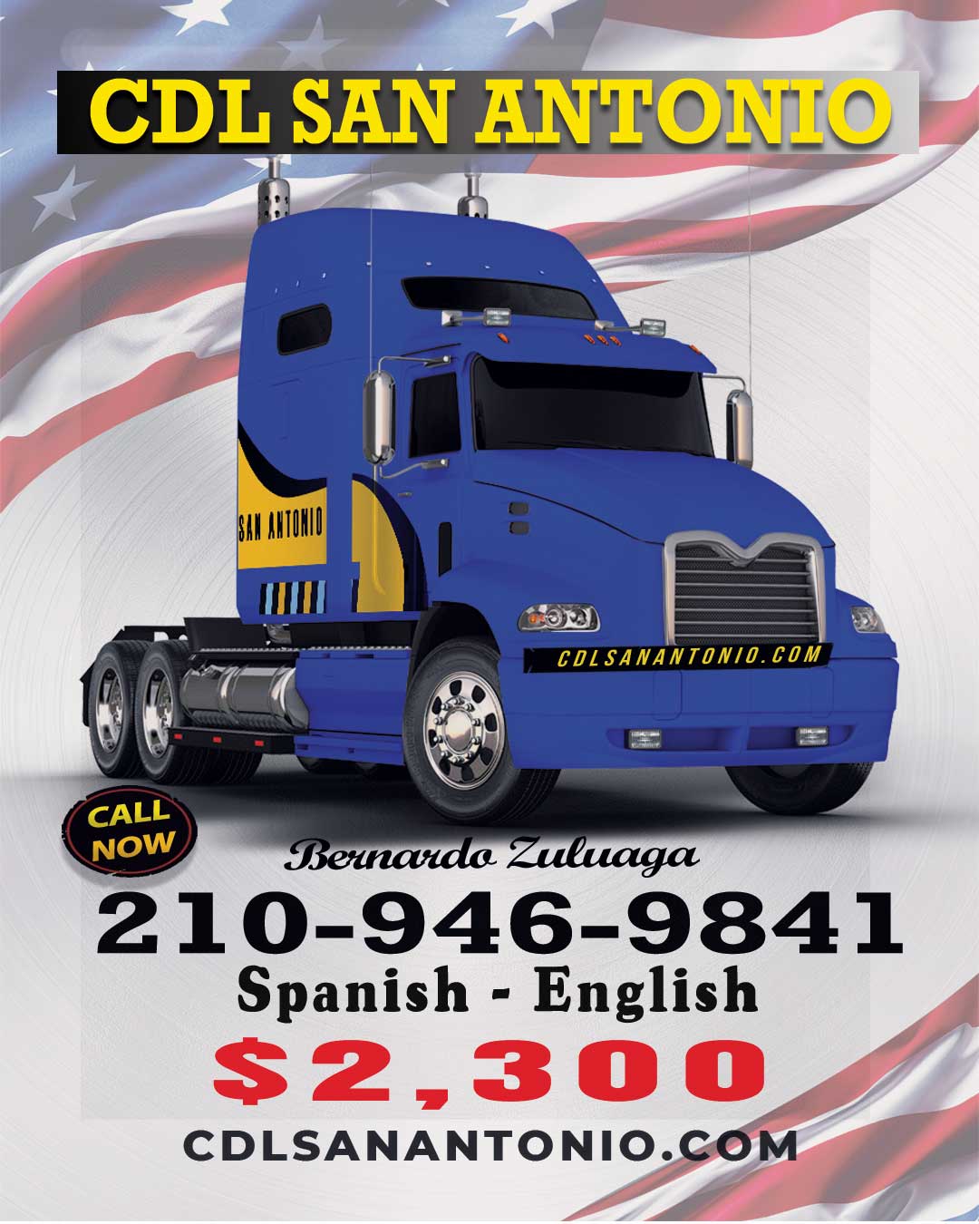 English: Student practicing maneuvers for CDL Training San Antonio behind the wheel of a modern commercial truck. Spanish: Estudiante realizando su CDL Training San Antonio en un camión de carga pesada de la escuela de manejo profesional.