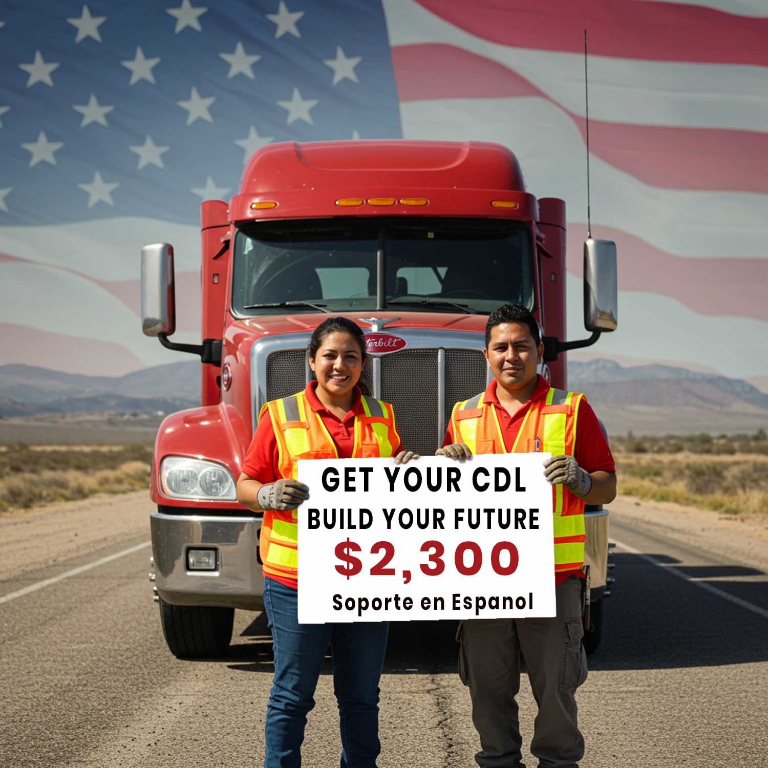 Two students in safety vests holding a sign for CDL Training San Antonio offering $2,300 tuition with Spanish support, featuring a red truck and American flag background. coordinates 29.37692, -98.44847.
